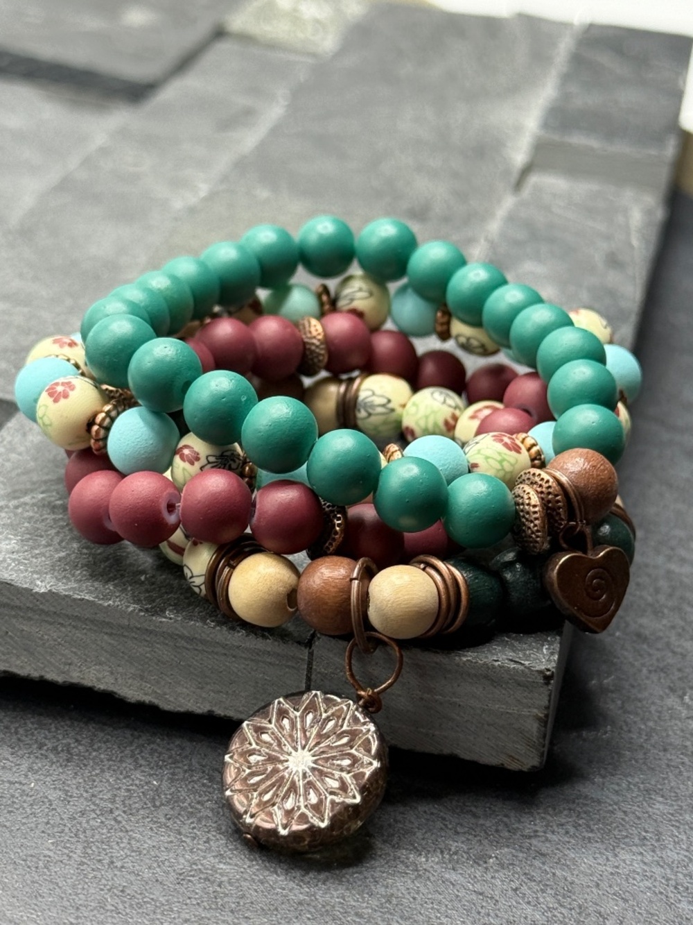 Boho Beaded Stretch Bracelet Set: Czech Glass, Wood & Bronze, Handmade & Design